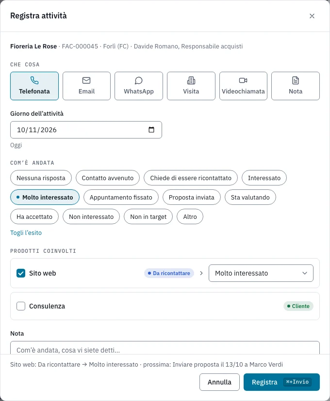 Finestra Registra attività del CRM: tipo di contatto, esito, prodotti coinvolti e nota